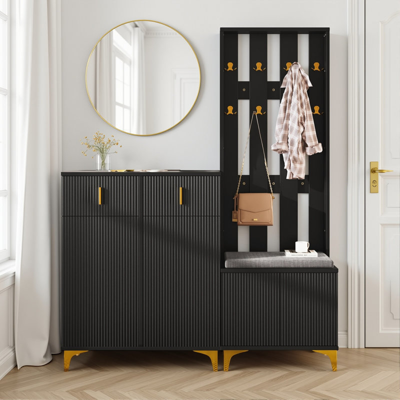 Hall Tree 144cm Wide with Bench and Shoe Storage, Black