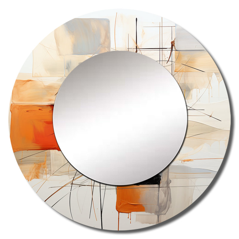 Orange Grey Line Art Abstract Expressionism - Line Art Decorative Mirror, Orange Round Wall Mirror, Printed Metal Art