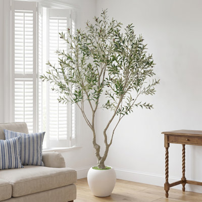 Arbre artificiel de 8 pi avec tronc fendu auvent luxuriant, grand olivier en pot rond blanc avec mousse pour la décoration de bureau personnel