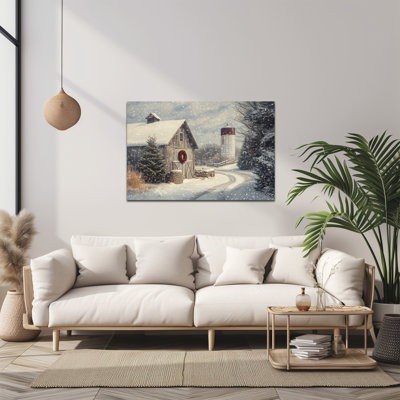 Grande cabane de Noël d'hiver, art mural sur toile, pin de grange enneigé, scène d'hiver rustique rétro, impressions sur toile, décoration murale de Noël pour le salon, le bureau de la chambre à coucher, 32 po x 48 po