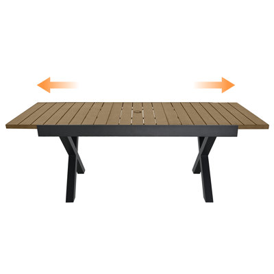 Table de salle à manger extensible en teck pour 8 personnes, table de patio en aluminium Never-Rust, table de salle à manger extensible en forme de X de 63 à 83 po avec trou pour parasol