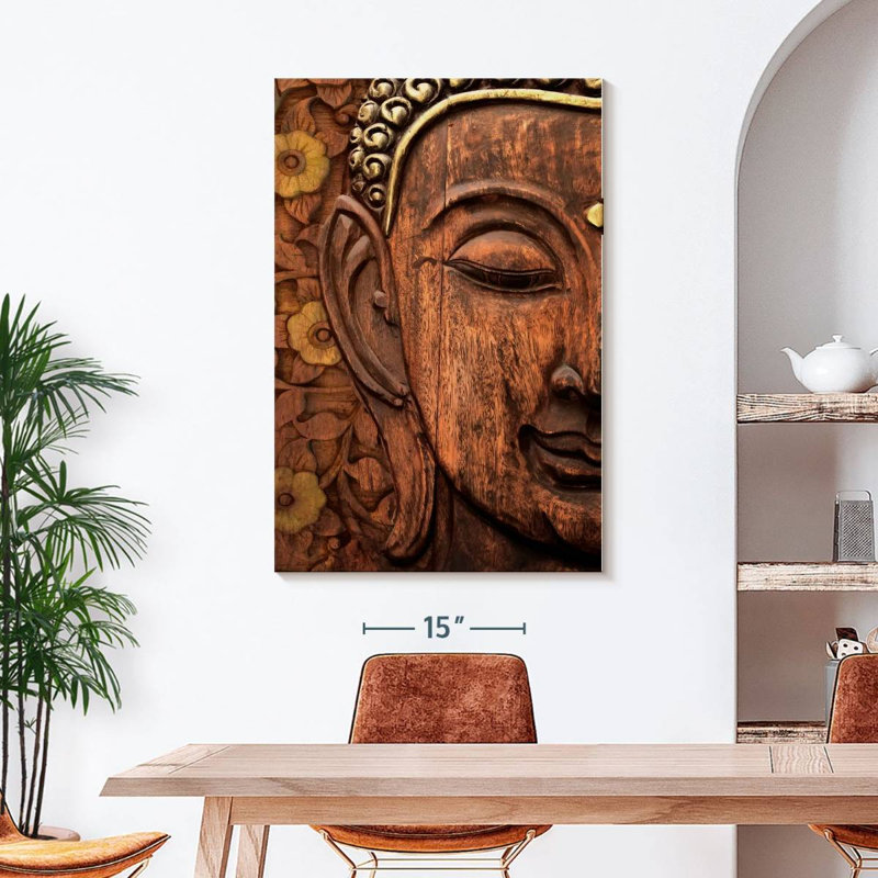 Tête de Bouddha sculptée, reproduction sur toile, H 45 po x l 30 po x P 1,25 po