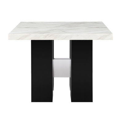 Table de bar blanche, faux marbre et bois d'hévéa, base double pi