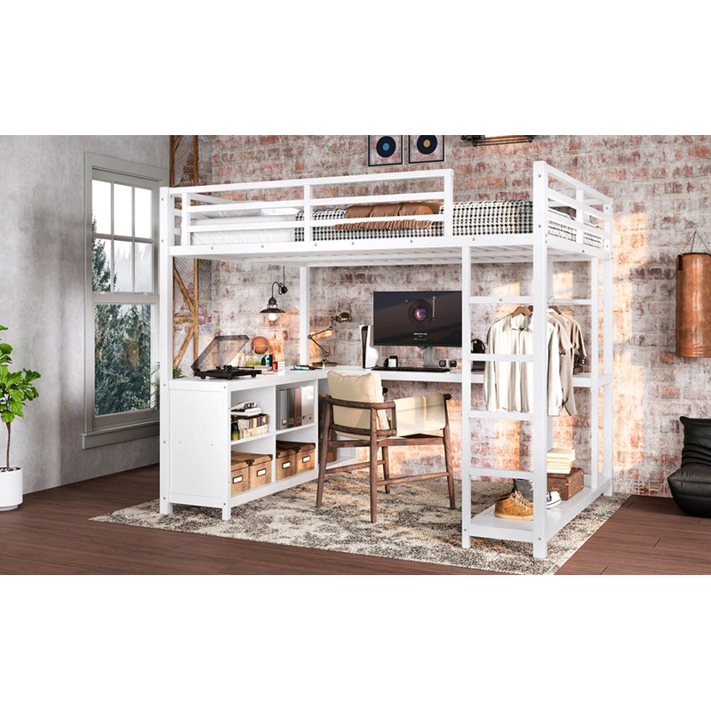 Lit mezzanine en métal avec garde-robe et bureau en forme de L, lit mezzanine avec cubes de rangement et tablettes, lit mezzanine pour enfants, adolescents, adultes