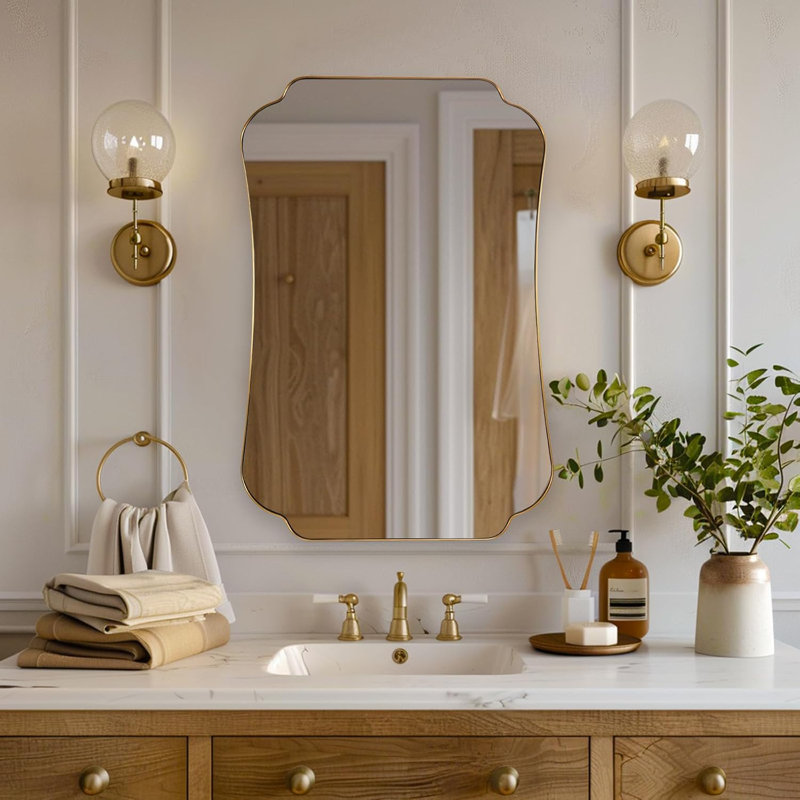 Contemporary Concave Edge Scalloped Bathroom Vanity Mirror, Brushed Gold, 36" x 24"