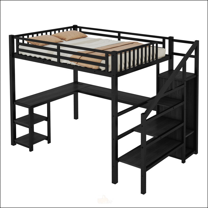 Lit mezzanine double en métal avec garde-robe et lumière DEL