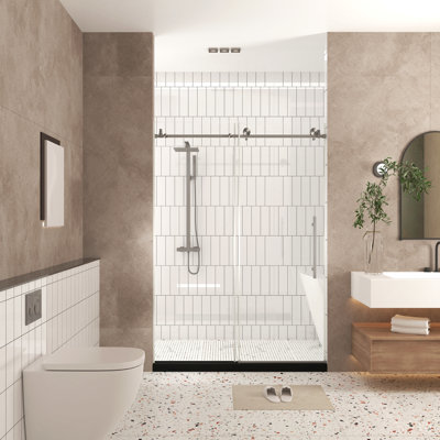 Porte de douche sans cadre l 44 à 48 po x H 76 po, verre trempé transparent de 1/4 po (6 mm), film antidéflagrant, poignée en acier inoxydable