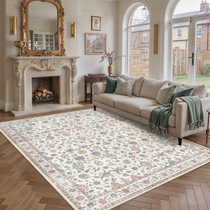 Tapis oriental à motif floral délavé avec envers antidérapant Liora, Rectangle 9 pi x 12 pi