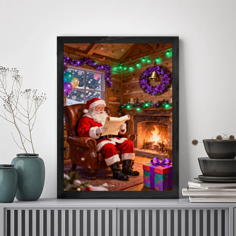 Père Noël noir encadré noir, lecture d'art mural, impressions de style rétro, H 25 po x l 17 po