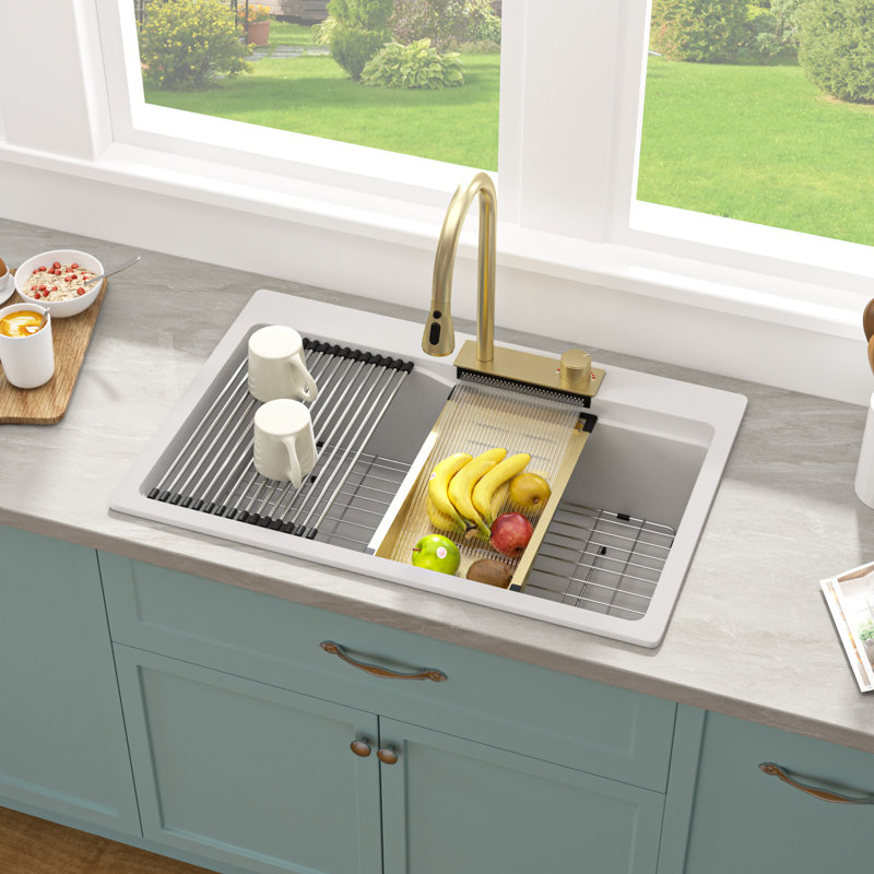 33 Inch Drop In Workstation Granite Composite Kitchen Sink Quartz Single Bowl Sinks with Waterfall Kitchen Faucet, White