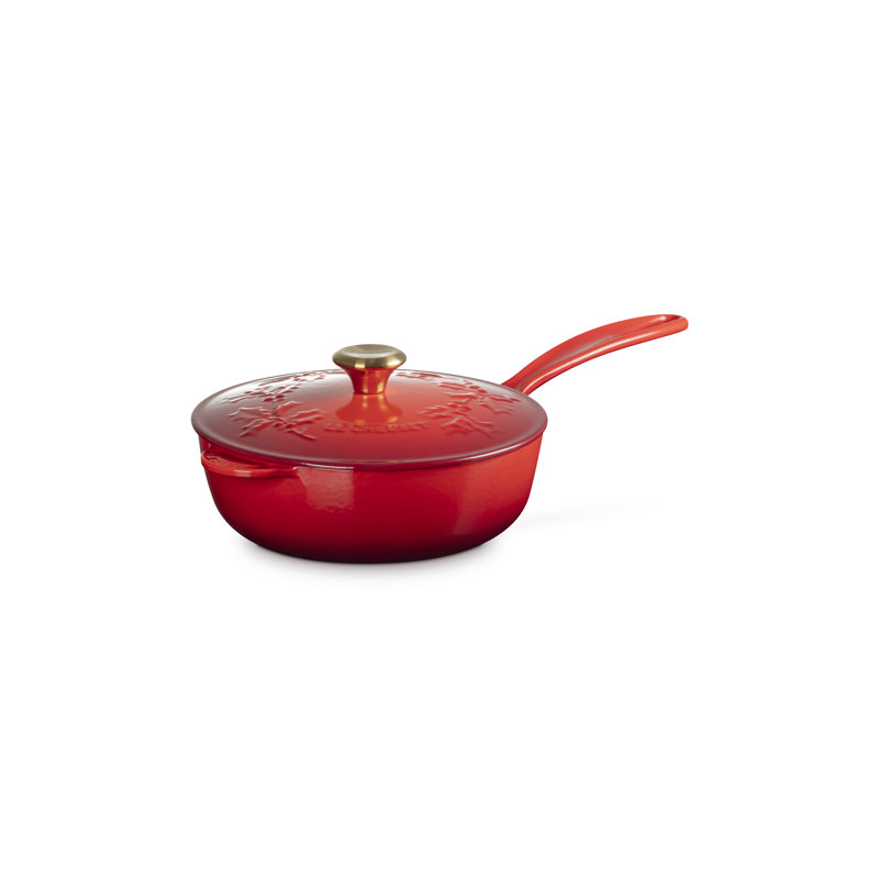 Le Creuset Enameled Cast Iron Holly Collection Traditional Saucier With Lid 2.25 Qt. Artichaut, Red