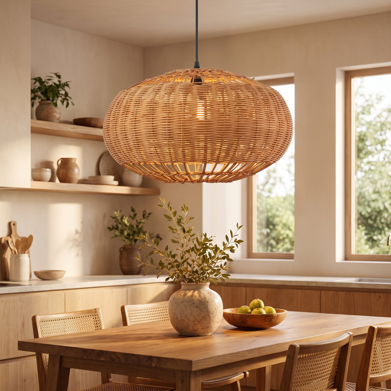 1 - Light Rattan Single Pendant Adjustable, 13.78" H x 23.62" W x 23.62" D