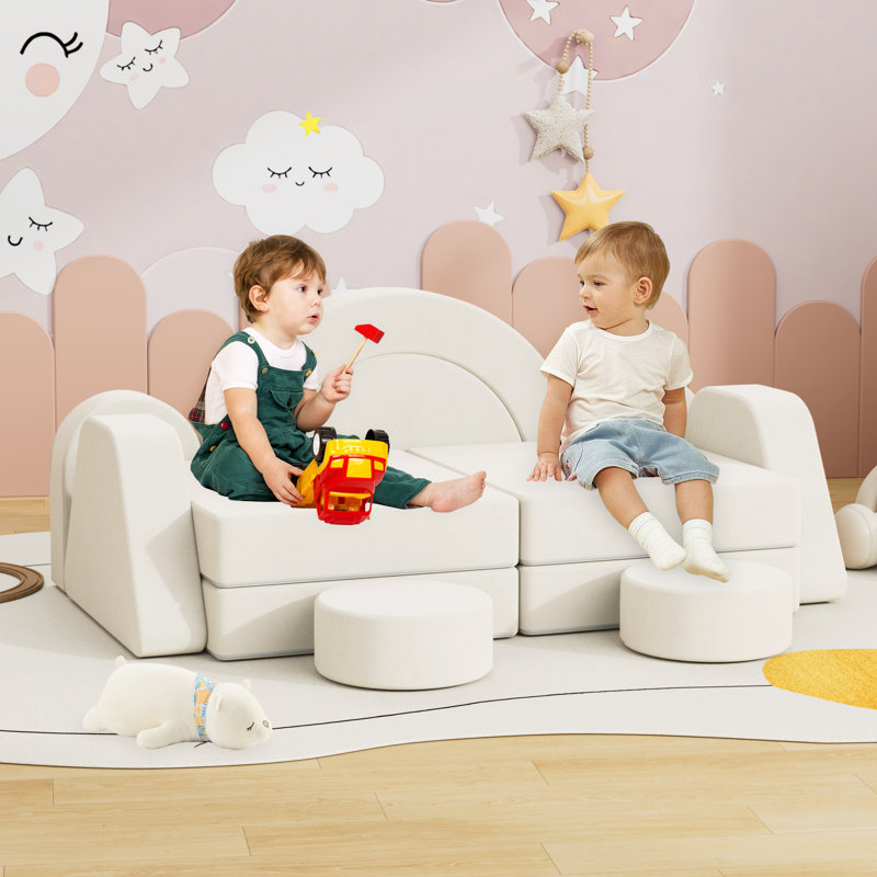 Modular Kids Play Couch, 2-Seat Convertible Toddler Sofa With Soft Foam Cushions, Diy Play Sofa For Playroom Or Bedroom (Beige)