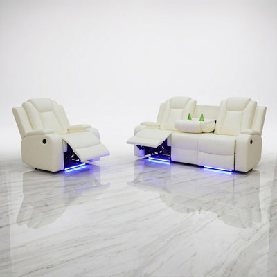Ember White Vegan Leather 2-Pieces  Reclining  Sectioanal Living Room Sofa And Chair With Cup-Holders ,Wireless Charging And LED Lights