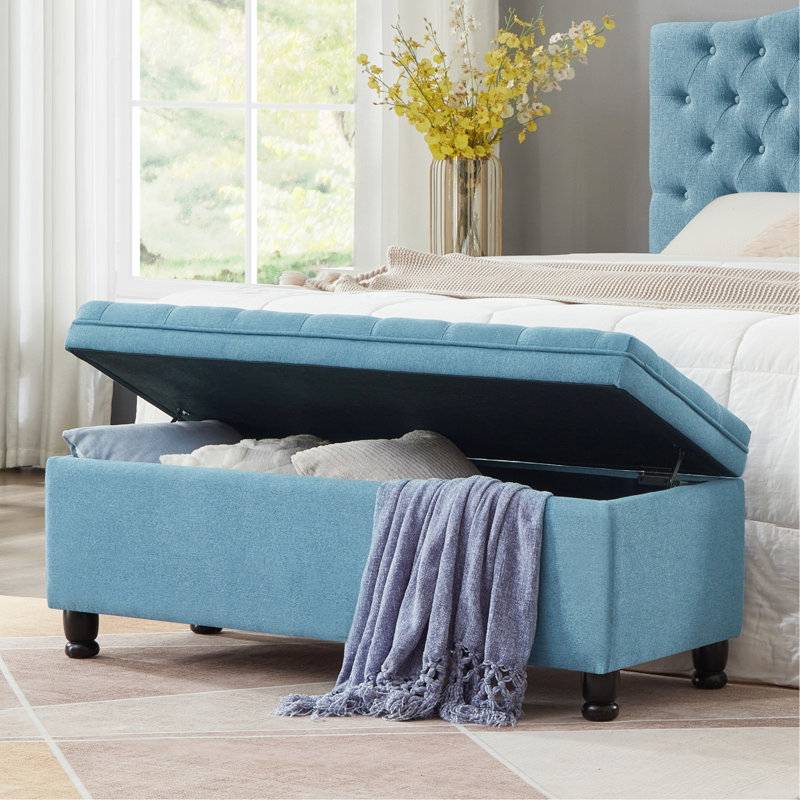 Blue Button Bench With Internal Storage And Linen Upholstery Spindle Wooden Legs Upholstered In