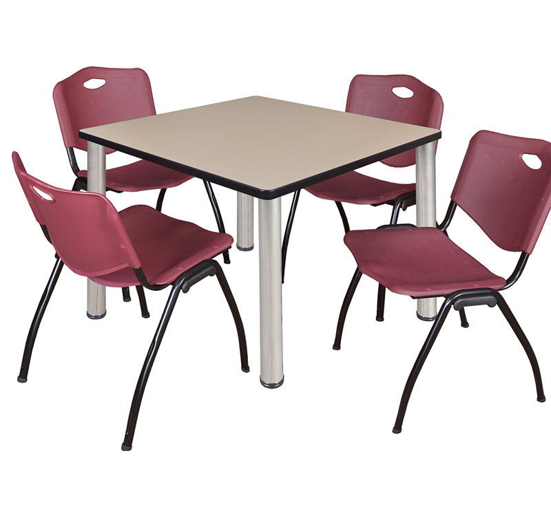 Plateau de table Kee Square, 4 chaises empilables, H 30 po x l 29 po x P 29 po, Cerisier, Chrome