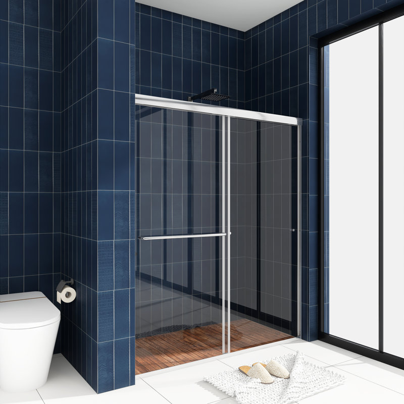 Porte de baignoire coulissante double encadrée l 60 po x H 72 po, Nickel, L 54 po