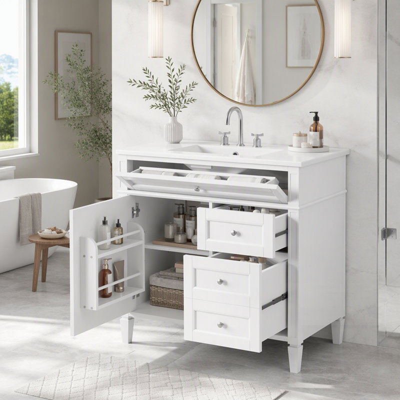 Meuble-lavabo moderne avec lavabo supérieur, rangement spacieux et conception élégante pour une organisation efficace, Blanc
