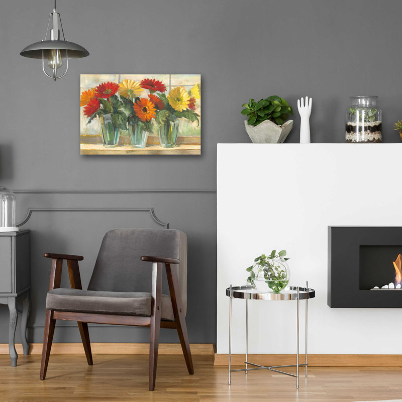 «Gerberas In Glass Vases» par Carol Rowan, art mural en verre acrylique, H 16 po x l 24 po x P 0,2 po
