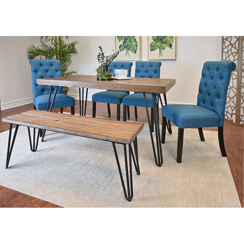Ensemble de salle à manger 6 pièces, table à pieds en épingle à cheveux avec 4 chaises et banc capitonnés, Blue