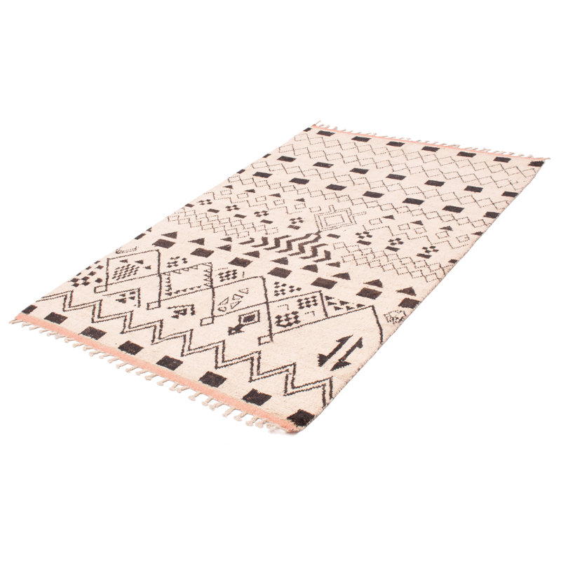 Tapis beige / noir en laine noué à la main de conception unique 6 pi 10 po x 10 pi 7 po New Age