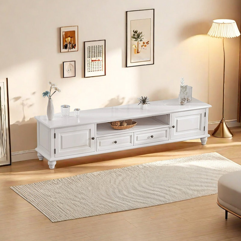 Meuble télé en bois massif cerisier, Blanc / Blanc, H 20,86 po x L 70,86 po x l 17,71 po