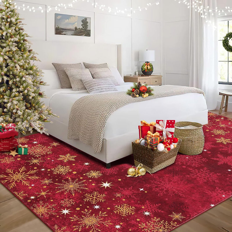 Red Christmas Rug with Snowflake Pattern – Non Slip Low Pile Hallway and Kitchen Floor Carpet, Festive Holiday Decor