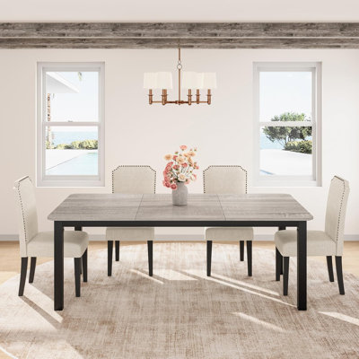 Industrial Dining Table Set 5-Piece, 78.7” Rectangular Kitchen Table & 4 High Back Upholstered Chairs, Rubberwood Legs, Faux Linen Seat, Heavy Duty for Family Dining Room
