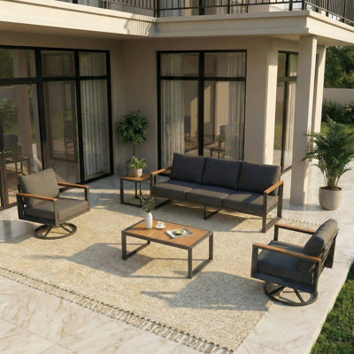 Aluminum Outdoor Patio Furniture Set 5 Pieces, 2 Swivel Rocking Chairs, 3-Seater Bench, Coffee Table & Side Table, Patio Sectional Conversation Furniture Set With Thick Cushions