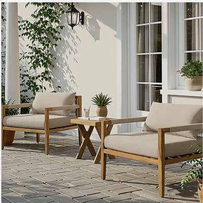 Set of 2 Acacia & Beige Rope Lounge Chairs with Rustic Sandblast Side Table