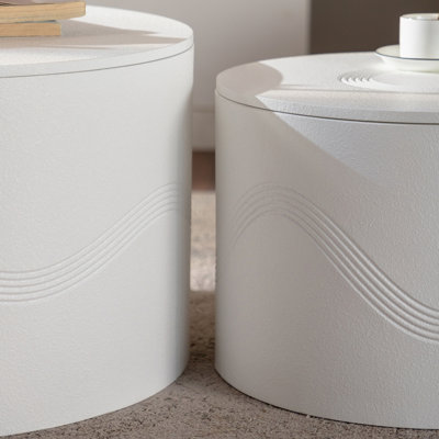 Set of 2 White Round Coffee Table with Hidden Storage - Modern Wavy MDF Painted Accent Tables (26.77"/19.69") for Small Spaces, Fully Assembled Living Room/Bedroom Tables
