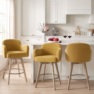 Chenille Upholstered Swivel Bar Stools with Armrests