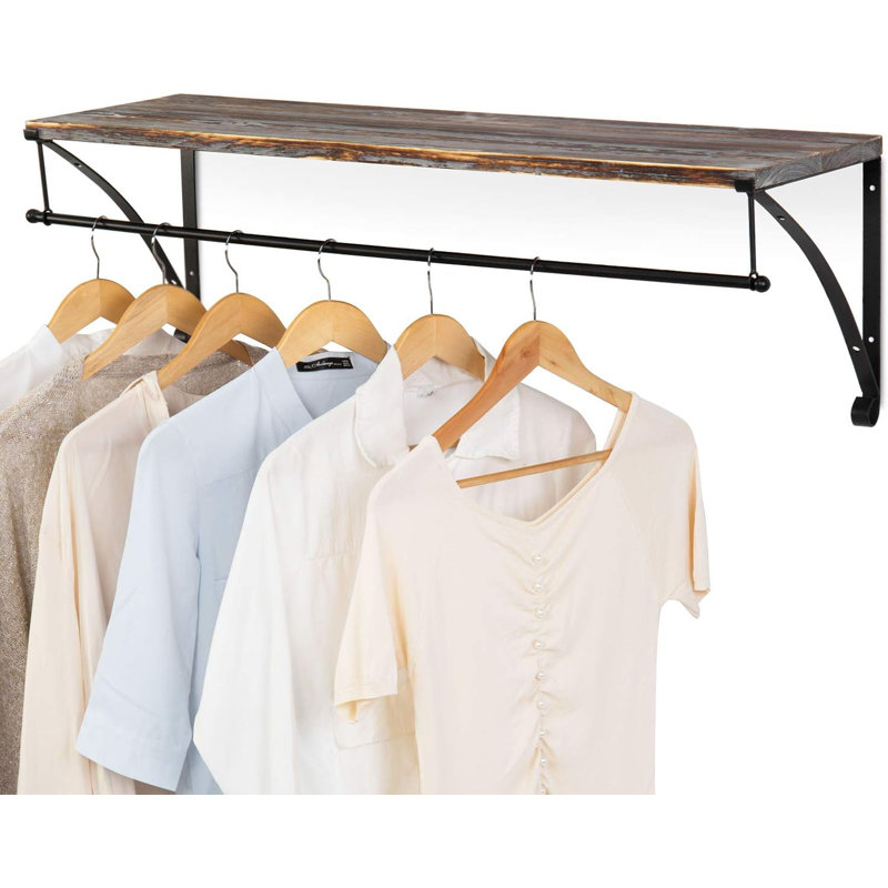 Wall Mounted Wood Shelving Unit With Metal Clothes Hanging Rod And Floating Display Shelf For Home Or Retail Storage