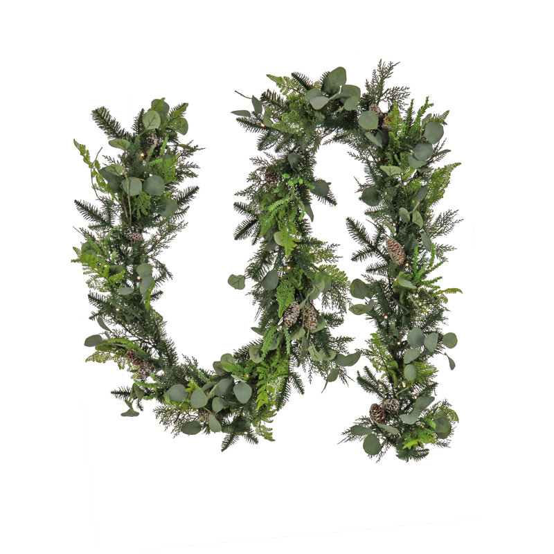National Tree Company, Winter Garden Eucalyptus Mixed Tip Garland, Battery Operated with Timer, 108"