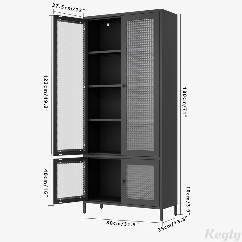 Grande armoire de rangement en métal avec 4 portes vitrées et 5 tablettes latérales
