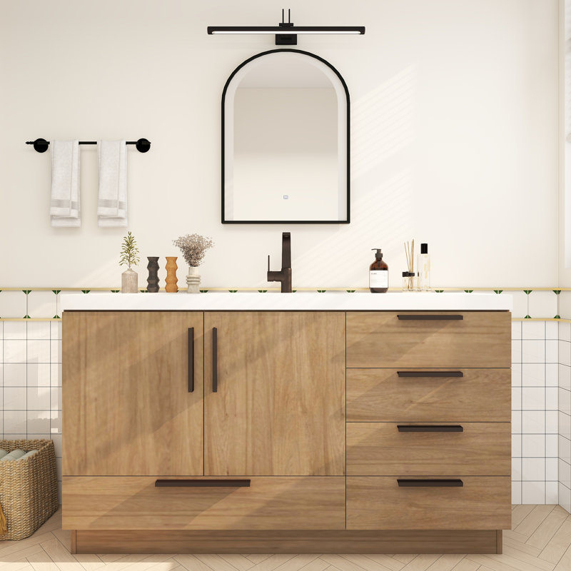 Meuble-lavabo autoportant avec tiroirs à droite Carla, 59", Chêne français foncé