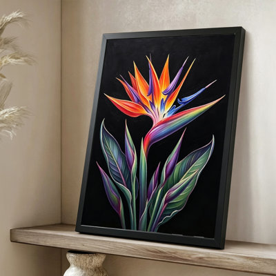 Fleur moderne moderne et vibrante avec des pétales colorés, style peinture à l'huile. Toile encadrée 24 "x 36" avec cadre en bois noir