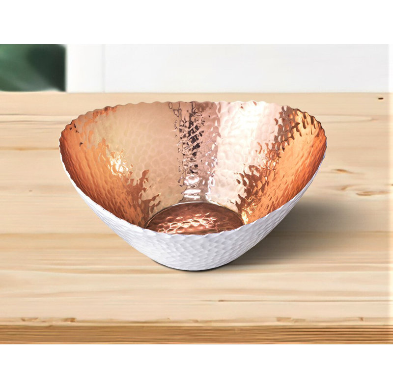 Hand Hammered White and Copper Aluminum Oval Bowl, 7.5 inch