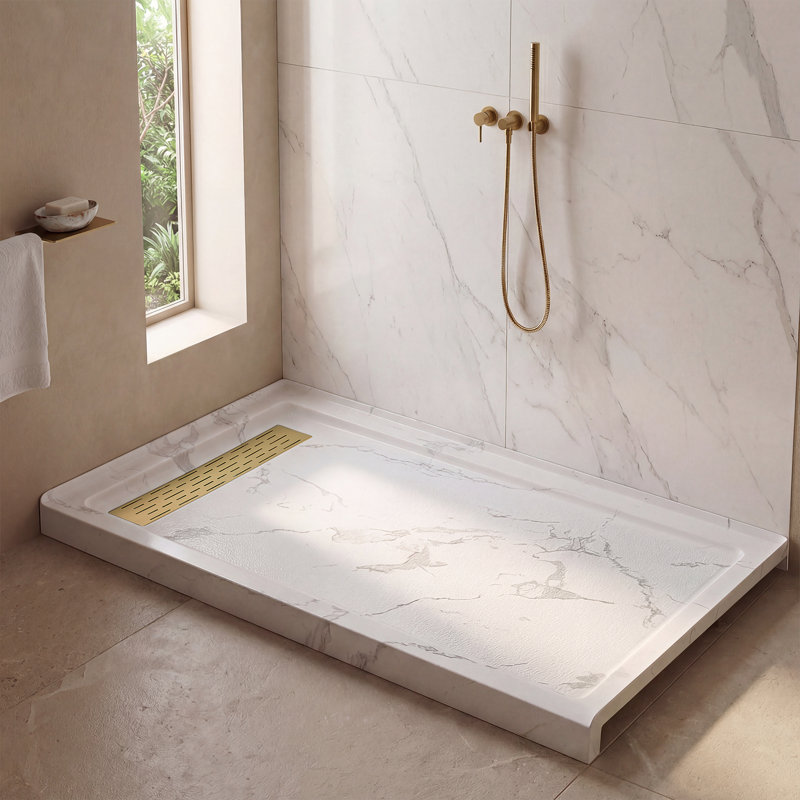 Base de douche rectangulaire l 60 po x P 36 po, plateau de douche en acrylique d'aspect marbre avec texture antidérapante