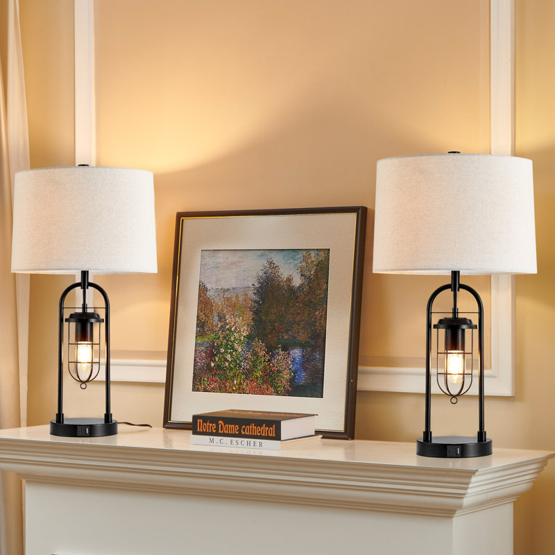 26" Industrial Metal USB Table Lamp Set(Bulbs Included)
