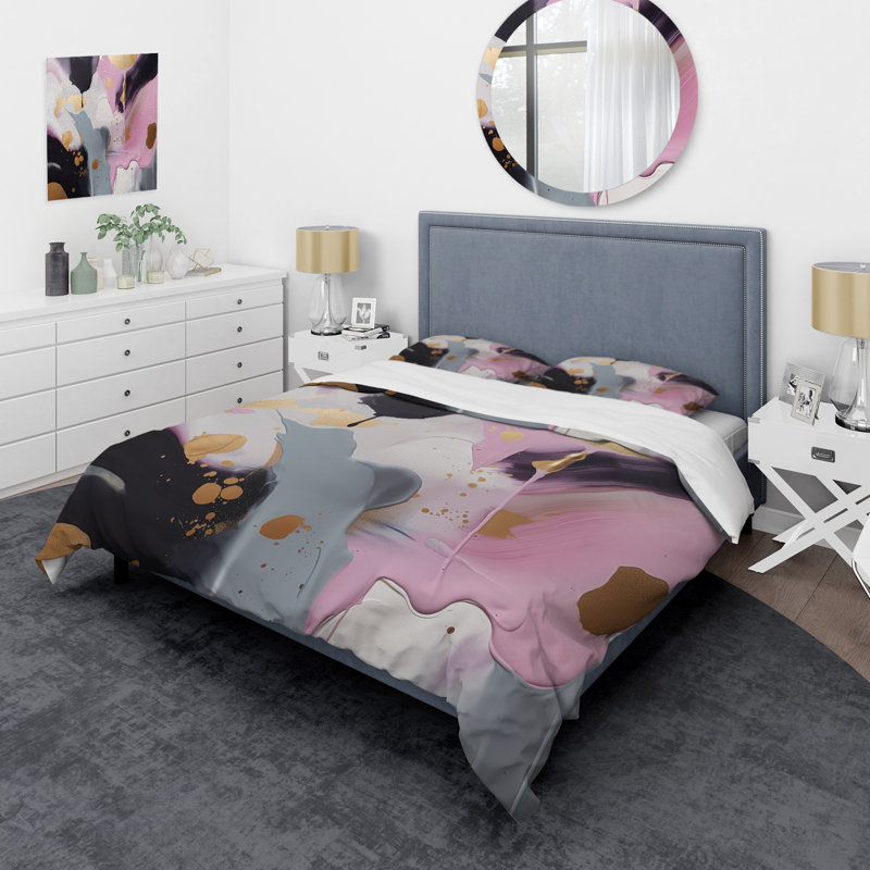 Ensemble de housse de couette rose et or Inner Worlds of Marble III Bed, Housse de couette pour grand lit et 2 taies décor