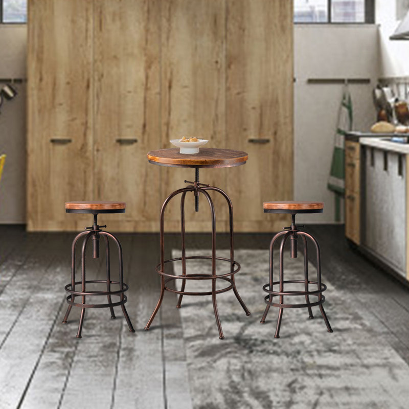 Gyu Pine Round Solid Wood Top Metal Base Dining Table, Antique Copper