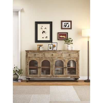 59.06" Farmhouse Sideboard Buffet Cabinet, Distressed Wood Credenza With 3 Drawers & 4 Glass Doors, Rustic Storage Cabinet With Shelves For Kitchen, Dining Room, Living Room, Distressed Natural Brown