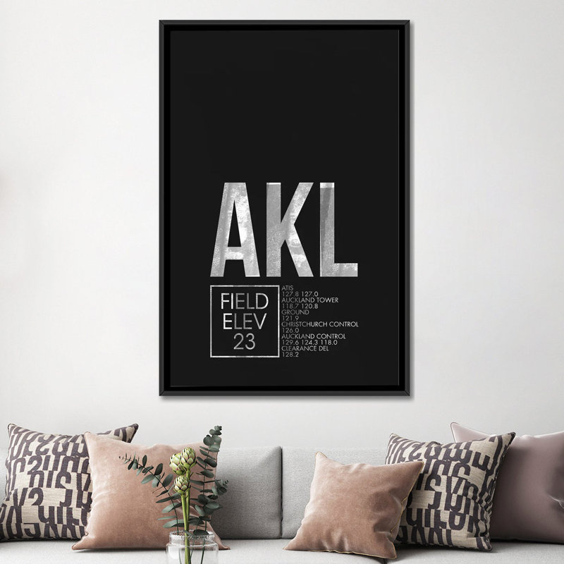 "auckland" , art textuel sur toile, "air traffic control series", H 26 po x l 18 po x P 1,5 po, Toile avec cadre noir
