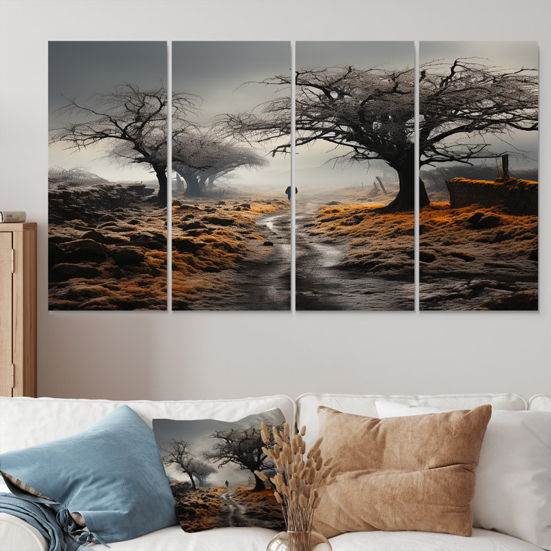 «Winter Loneliness Desolate Country Road», art mural campagne 4 pièces, H 28 po x l 48 po