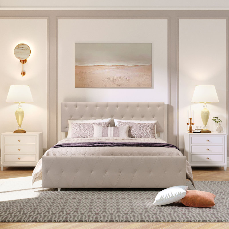 Lit rembourré avec rangement Menthe, Grand, Beige