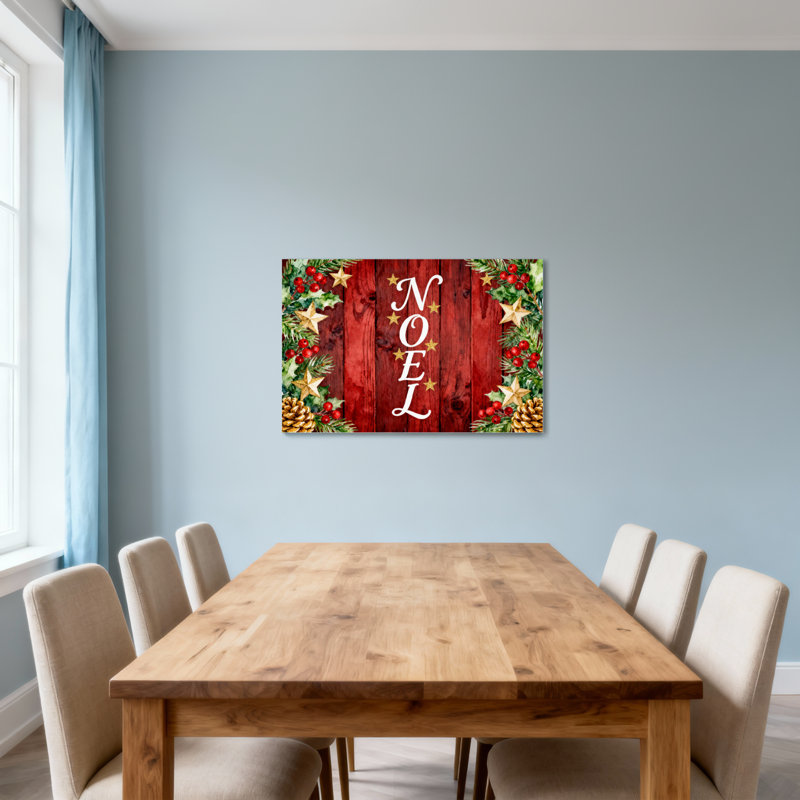 Planches de bois rouges de Noël avec verdure et étoiles de Noël, H 28 po x l 40 po