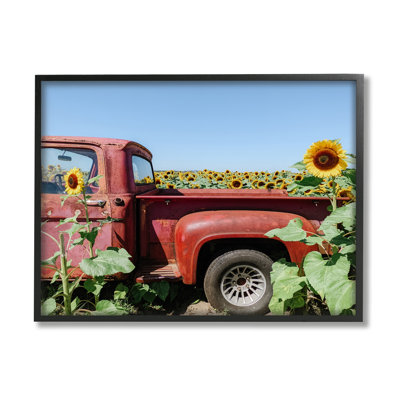 Camionnette rouge rétro au milieu d'un champ de tournesols - photographie sur toile à cadre flottant