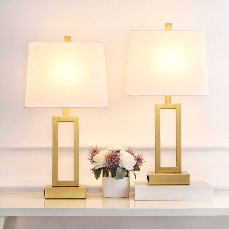 Permelia 23.5" Metal Table Lamp Set with USB, Type-C Ports and Built-in-Oulet, Gold, White