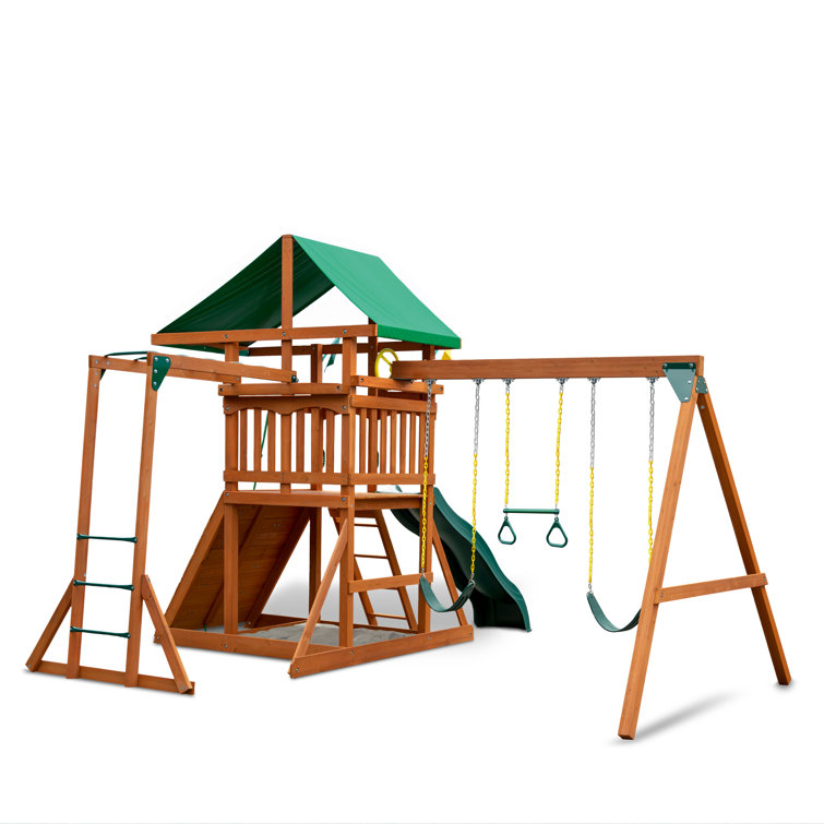 Gorilla Playsets Avalon Wood Swing Set with Vinyl Canopy and Trapeze Arm, for Ages 3-11, 01-1079